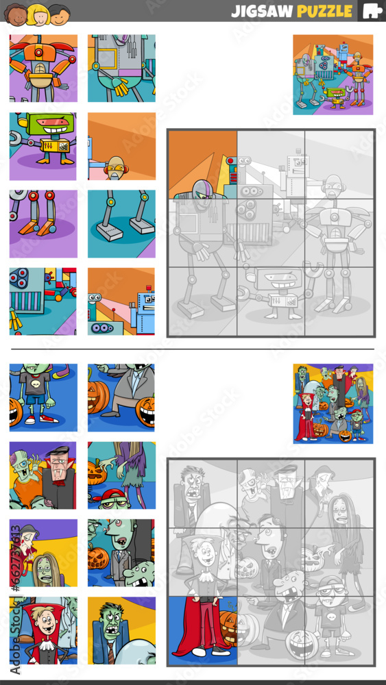 jigsaw puzzle activities set with funny fantasy characters