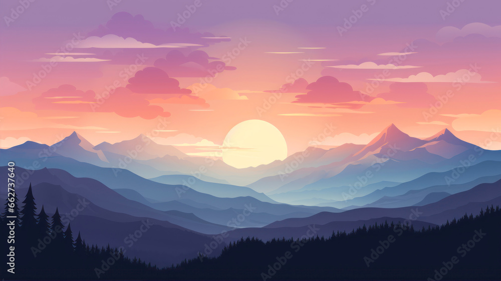 Landscape with mountains and sunset. Vector illustration for your design.
