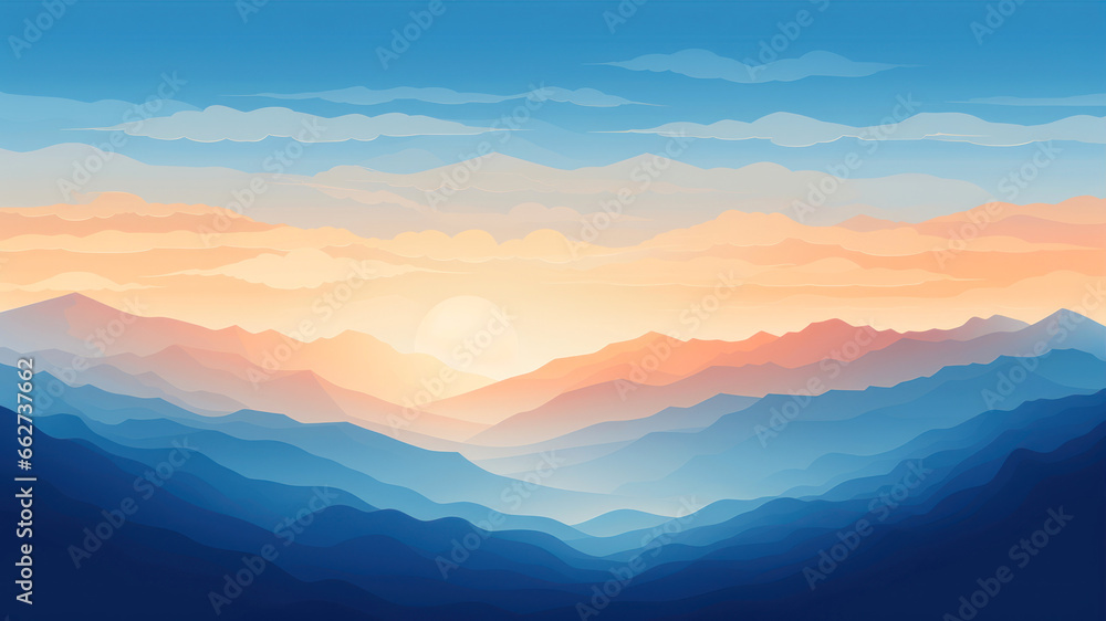 Landscape of mountains and clouds. Sunrise over the mountains. Vector illustration.