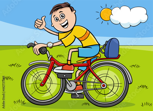 happy cartoon boy character riding a bicycle outdoor