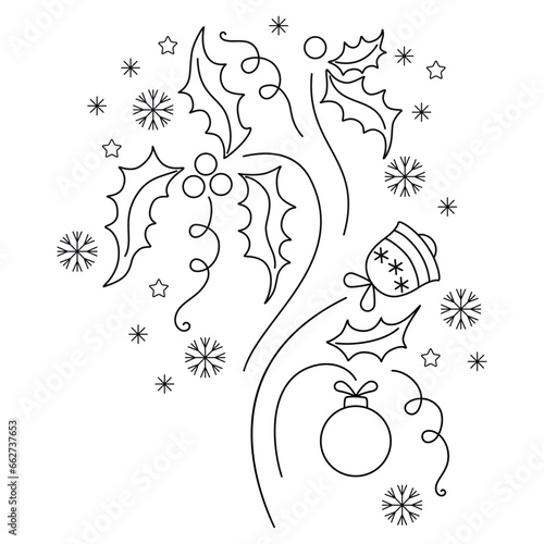 Christmas border or design element for greeting card with ilex leaves and berries, xmas ball, bell, snowflakes and stars isolated on white background. Hand drawn illustration. Not AI created. EPS 10.