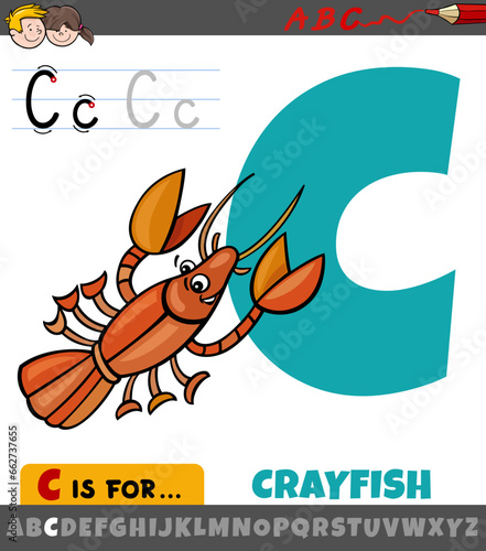 letter C from alphabet with cartoon crayfish animal character