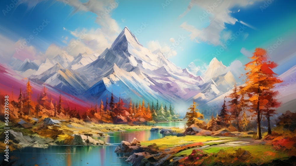 Beautiful colorful mountain landscape sky painting wall image Ai generated art