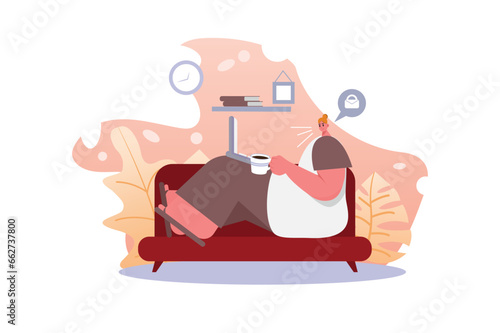 Work from home and body positive concept with people scene in the flat cartoon style. The woman stayed at home to work in a comfortable atmosphere. Vector illustration.