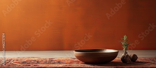 Eco friendly yoga equipment including mat rug and sound bowl for meditation With copyspace for text