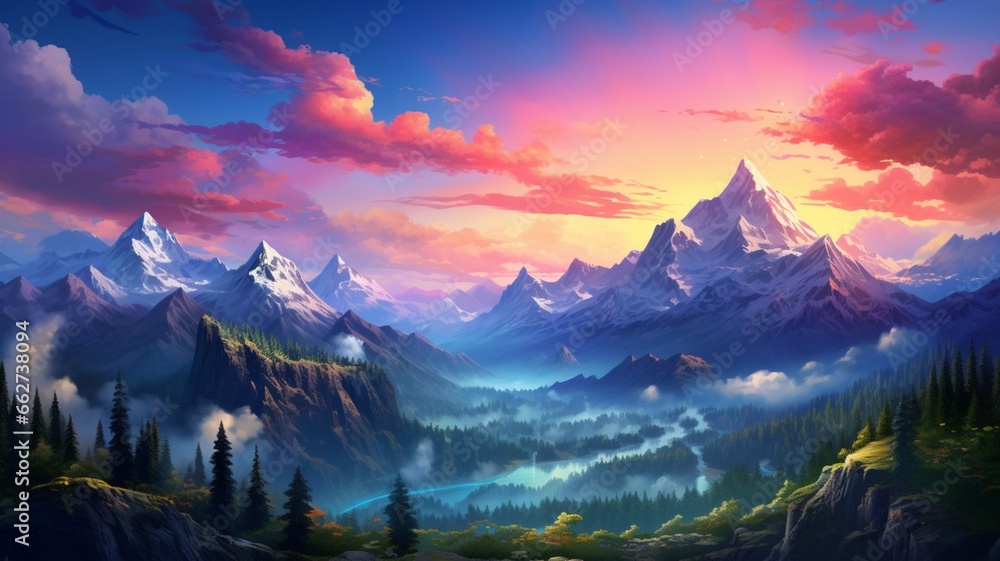 Beautiful colorful mountain landscape sky painting wall picture Ai generated art