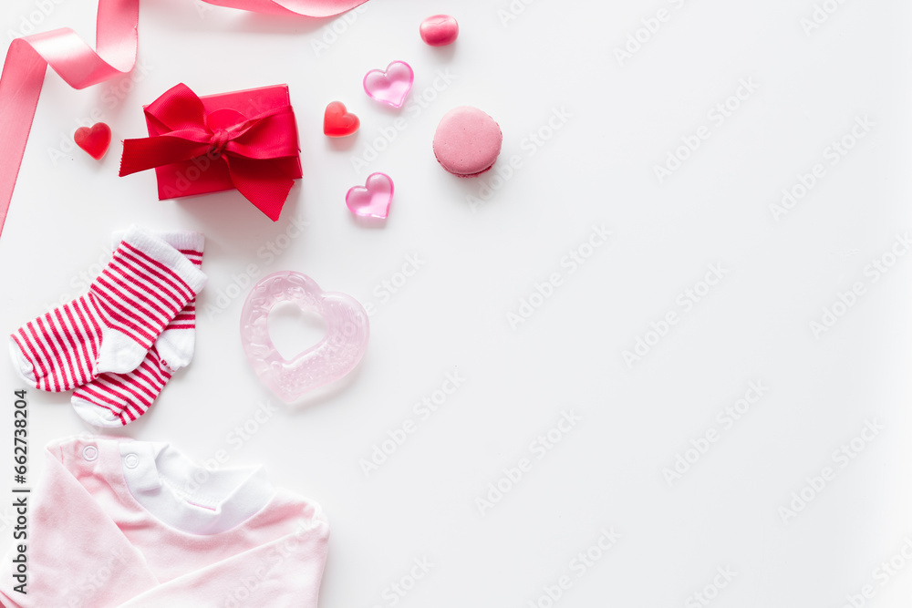 Gender party - boy or girl - pink baby girl accessories, top view Gender party - boy or girl - pink baby girl accessories, top view