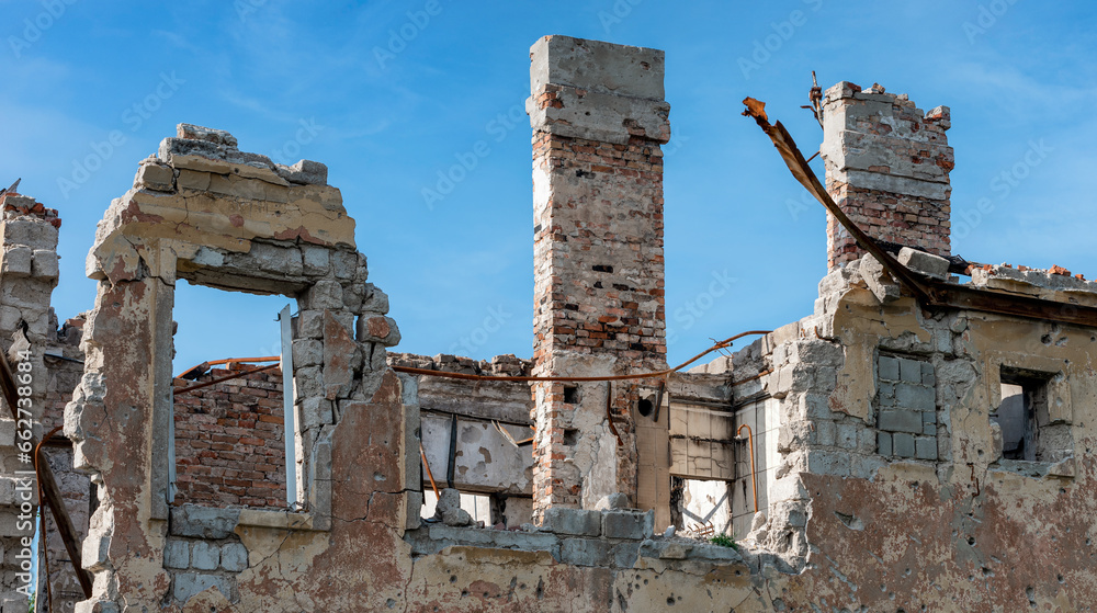 destroyed houses in an abandoned city without people in Ukraine