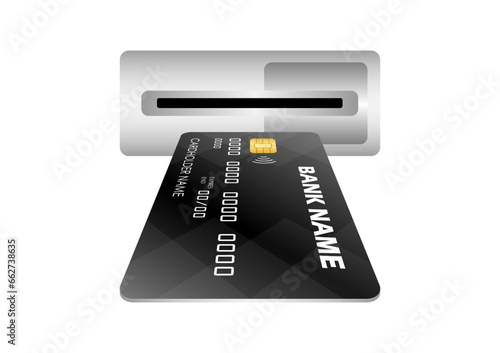Credit Card, ATM Card or Debit Card Inserting into ATM Machine Card Slot. Vector Illustration Isolated on White Background. 