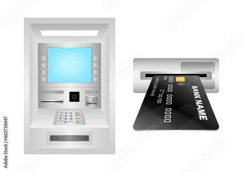 Credit Card, ATM Card or Debit Card Inserting into ATM Machine Card Slot. Vector Illustration Isolated on White Background. 