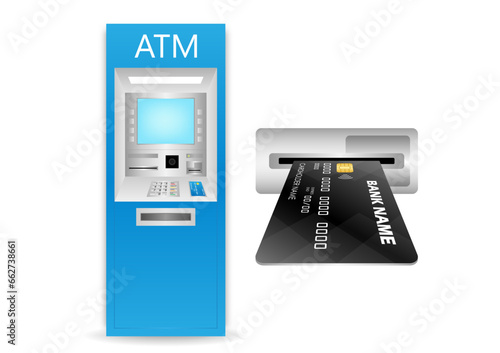 Credit Card, ATM Card or Debit Card Inserting into ATM Machine Card Slot. Vector Illustration Isolated on White Background. 