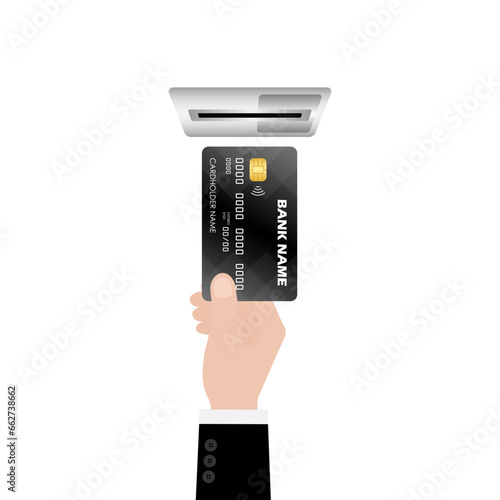 Hand Inserting Credit Card, ATM Card or Debit Card into ATM Machine to Withdraw or Transfer Money. Vector Illustration. 