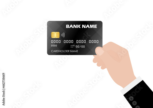 Credit or Debit Card. Businessman's Hand Holding Credit or Debit Card. Hand Showing Credit Card. Vector Illustration Isolated on White Background. 