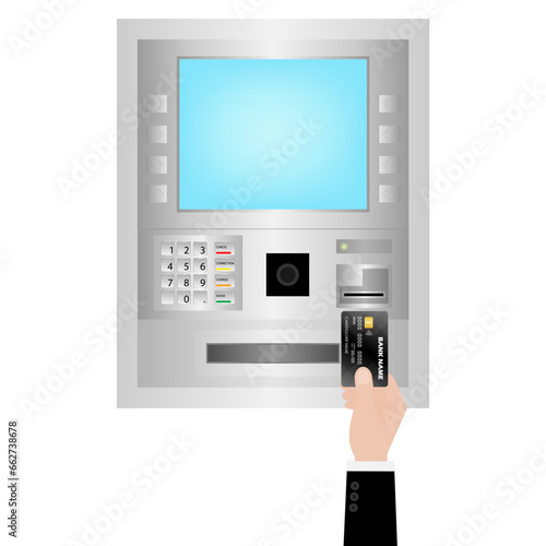 Hand Inserting Credit Card, ATM Card or Debit Card into ATM Machine to Withdraw or Transfer Money. Vector Illustration. 