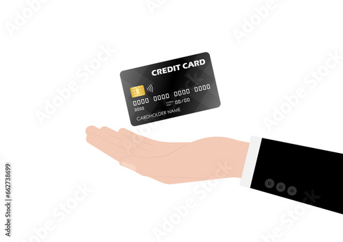 Credit Card. Businessman's Hand Holding Credit Card or Debit Card. Hand Showing Credit Card. Vector Illustration Isolated on White Background. 