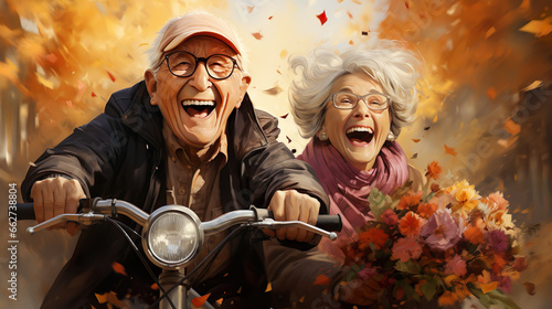 Retired Elderly Couple Cycling Together