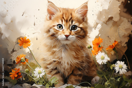 Watercolor paint cute cat. Happy cat.