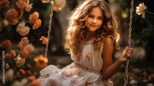 young beautiful woman in a dress, a girl with wavy curly hair swings on a swing among flowers, romance, beauty, youth, postcard, women's day, youth, joy, smile, portrait, blonde, park, nature, spring