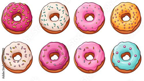 Set of colorful donuts on transparent background, minimalistic vector illustrations