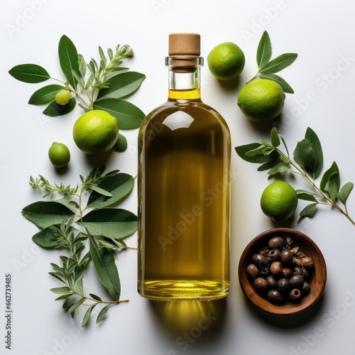 Top view of glass bottle with olive oil, leaves and olives