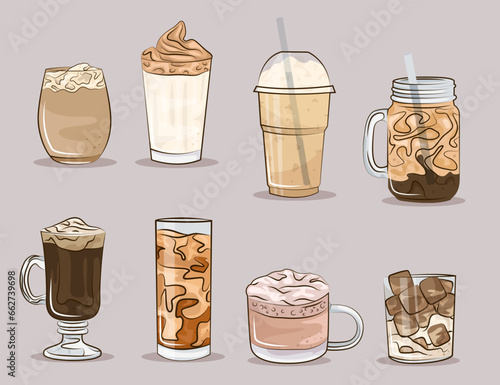 Hot and cold coffee beverage. Different types of drinks set. Flat vector illustration isolated on background