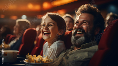 Father and daughter laughing together at a theatre movie or show while eating popcorn