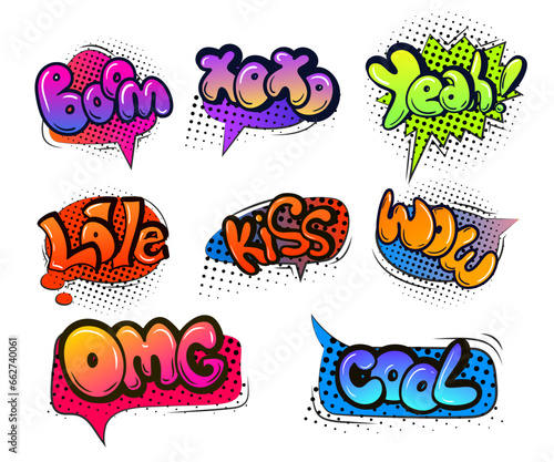 Comic speech bubbles set with different emotions and text. comic bubble speech clouds. Cartoon boom, love,xoxo, omg, cool, wow, yeah, kiss, cool comic sign vector set