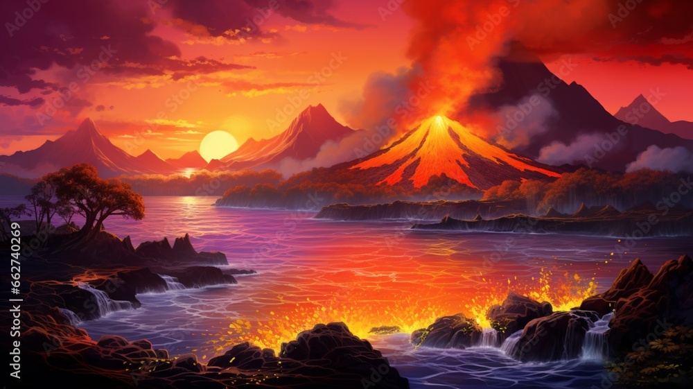 Beautiful rectangle color volcano lava sunset pain picture Ai generated ...
