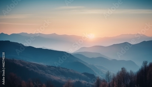 Majestic mountain range, tranquil meadow, idyllic forest, panoramic sunset generated by AI © Stockgiu