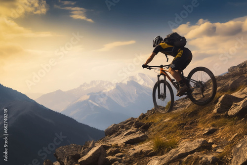 An experienced and well equipped male mountainbiker is on his way downhill on a narrow footpath from a summit of a mountain © alisaaa