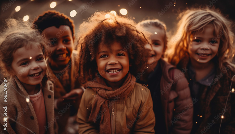 A large group of children, smiling and playful, enjoying nature generated by AI