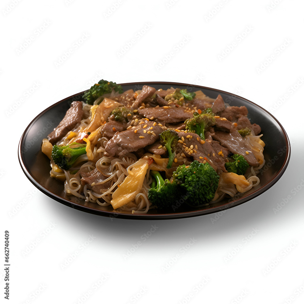 Chinese noodle with beef and vegetables on a plate isolated on white background Chinese noodle with beef and vegetables on a plate isolated on white background