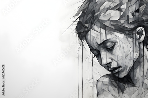 Abstract Geometric Portrait of a Woman, Monochromatic Shades Expressing Fragility