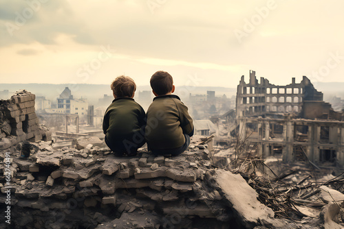 two children look at a war-torn city