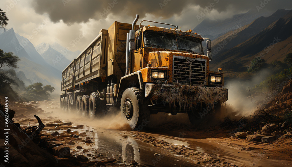 Truck delivering freight, driving on dirt road in mountain landscape generated by AI Truck delivering freight, driving on dirt road in mountain landscape generated by AI