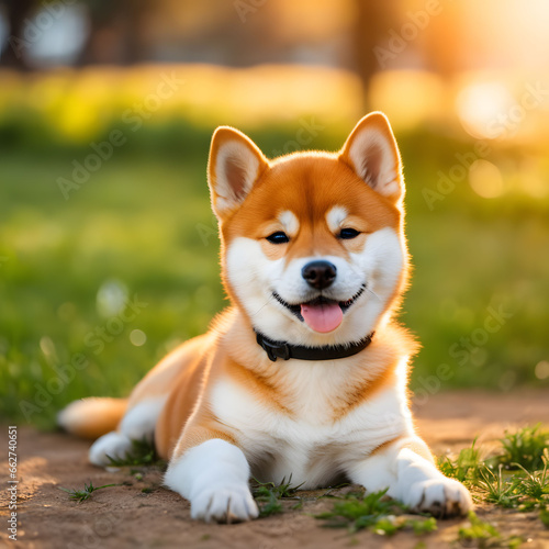 A super cute baby Shiba Inu lying on the ground of the park