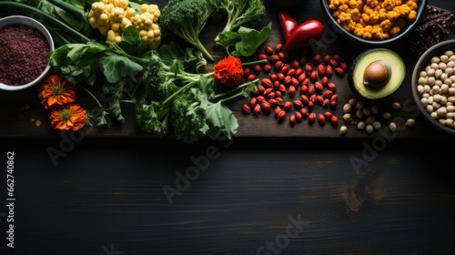 Raw organic vegetables with fresh ingredients for healthily cooking on vintage background, top view, banner. Vegan or diet food concept. Background layout with free text space. photo