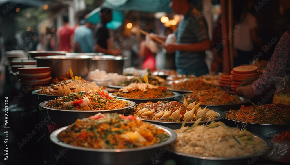 Street market vendors selling grilled seafood and vegetarian food buffet generated by AI