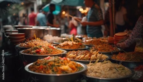 Street market vendors selling grilled seafood and vegetarian food buffet generated by AI