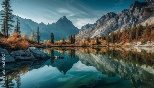 Tranquil scene of mountain range, forest, and reflection in water generated by AI © Stockgiu