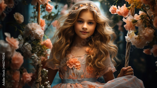 young beautiful woman in a dress, a girl with wavy curly hair swings on a swing among flowers, romance, beauty, youth, postcard, women's day, youth, joy, smile, portrait, blonde, park, nature, spring