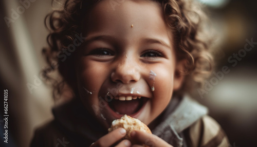 Cute curly haired child smiling while eating chocolate cookie outdoors generated by AI