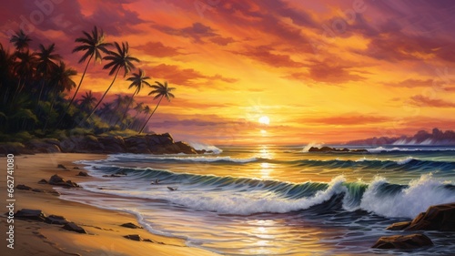 Beautiful sunset painting beach birds flying painting wallpaper image Ai generated art