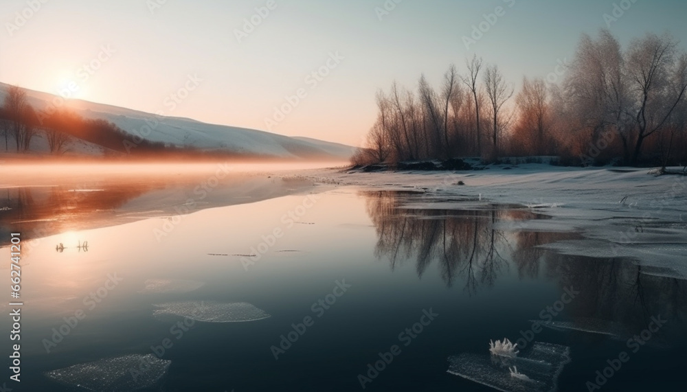 Majestic mountain range reflects tranquil scene in frozen pond at dawn generated by AI