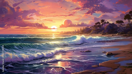 Beautiful sunset painting beach birds flying painting wallpaper picture Ai generated art
