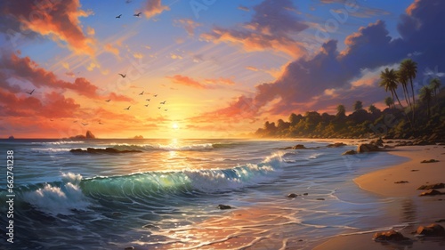 Beautiful sunset painting beach birds flying painting wallpaper picture Ai generated art