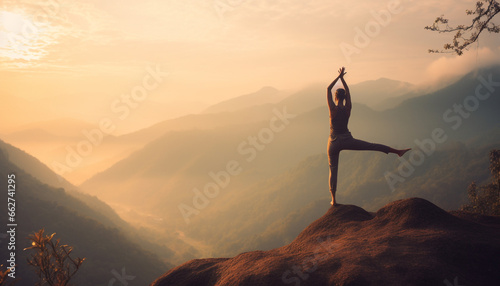 One person meditating on mountain peak at sunrise, achieving balance generated by AI