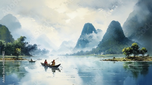 Beautiful vietnam watercolor landscape oil painting picture Ai generated art