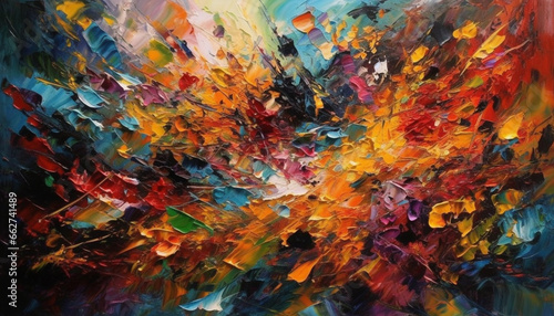 Vibrant colors, abstract shapes, messy brush strokes create chaotic composition generated by AI