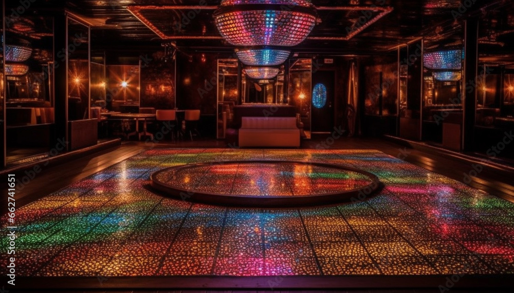 Obraz premium Vibrant nightclub with modern design, illuminated by multi colored lighting equipment generated by AI